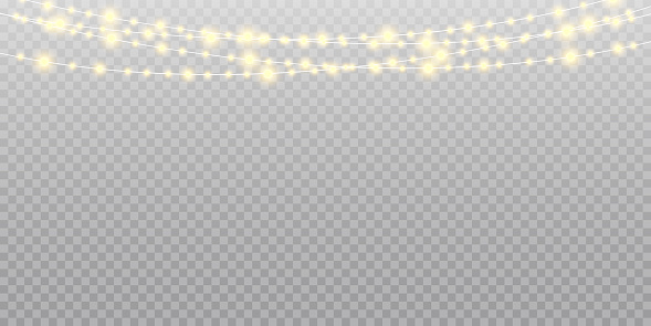 Christmas lights isolated realistic design elements. Glowing lights for Xmas Holiday cards, banners, posters, web design. Garland JPG