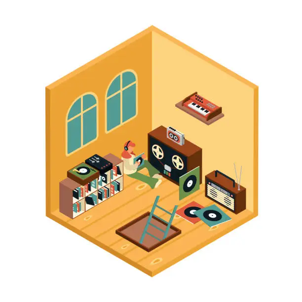 Vector illustration of Vintage Music Room Isometric Illustration