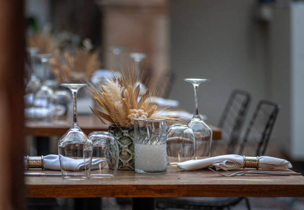 Luxury restaurant table in patio with nice decoration and tableware
