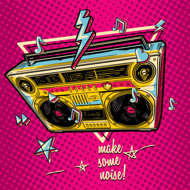 illustrazioni stock, clip art, cartoni animati e icone di tendenza di design musicale - scatola del braccio disegnata colorata funky - 1980s style funky 1990s style boom box