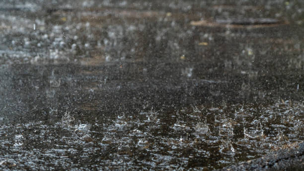 istock Raindrops hitting puddles on a rainy day. Rain drops falling in a big puddle on urban asphalt in the town. 1359562489