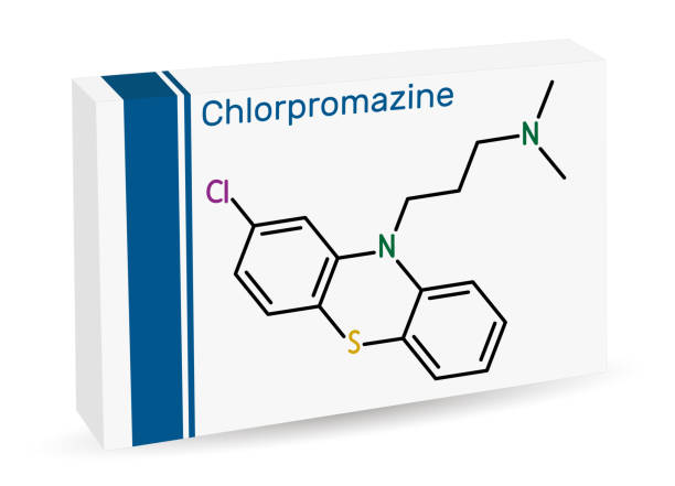Chlorpromazine, CPZ molecule. Phenothiazine antipsychotic, used to treat nausea, vomiting, anxiety, schizophrenia, bipolar disorder. Skeletal chemical formula. Paper packaging for drugs Chlorpromazine, CPZ molecule. Phenothiazine antipsychotic, used to treat nausea, vomiting, anxiety, schizophrenia, bipolar disorder. Skeletal chemical formula. Paper packaging for drugs. Vector chlorpromazine stock illustrations