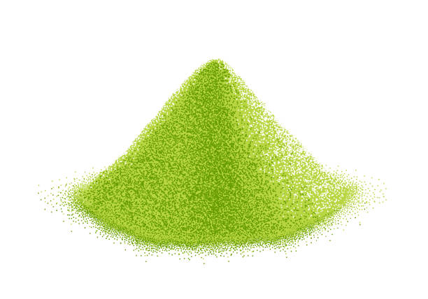 Pile of matcha powder green tea. Realistic sketch. Japanese beverage. Shredded leaves for green tea drink. Vintage pointillism style. Engraved vector. Pile of matcha powder green tea. Realistic sketch. Traditional asian japanese beverage. Shredded leaves for green tea drink. Illustration in vintage pointillism style. Hand-drawn engraved vector. green tea powder stock illustrations