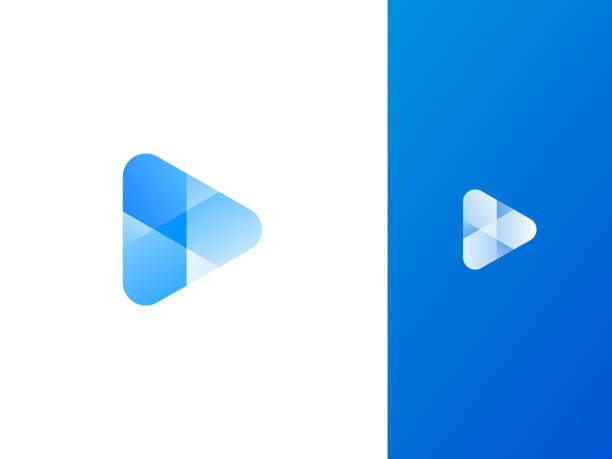 синий логотип кнопки воспроизведения - arrow sign audio stock illustrations