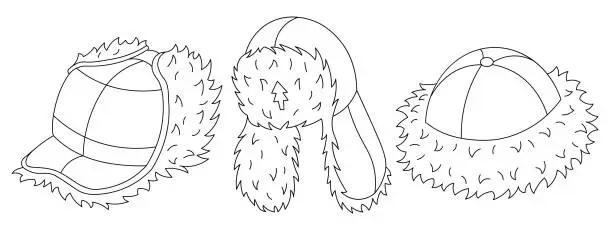 Vector illustration of Set of three fur and leather winter hats sketches.