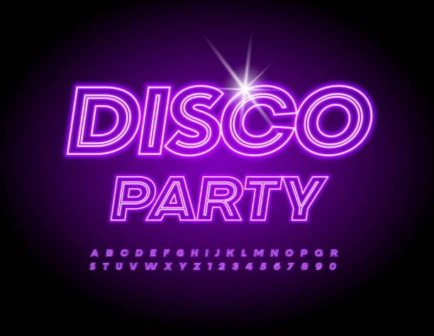 Vector Glowing Banner Disco Party. Neon Alphabet Letters and Numbers set Modern Bright Font nightclub stock illustrations