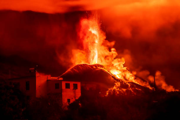 Erupting volcano, cumbre vieja, la Palma at night in December stock photo
