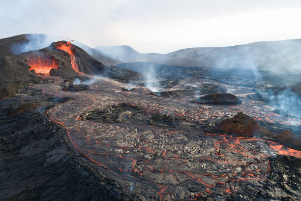 istock incandescent flowing volcanic lava in cenital view 1359573775