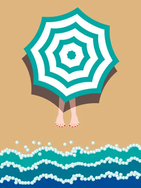 Vector illustration of beach umbrella and legs peeking out from under it on a sandy beach and blue sea waves