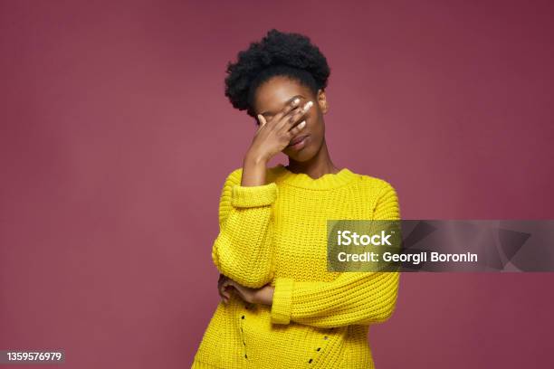 Facepalm Gesture Embarrassed African American Girl With Hand On Face Be Shy Feeling Regret Blaming Herself For Failure Stock Photo - Download Image Now
