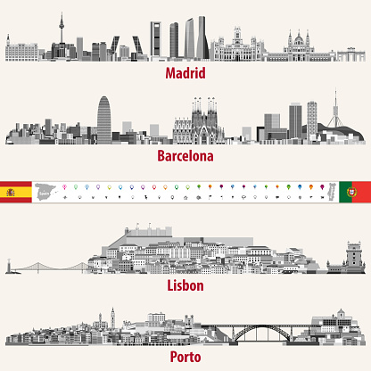 Vector abstract illustrations of Madrid, Barcelona, Lisbon and Porto cities skylines in black and white color palette