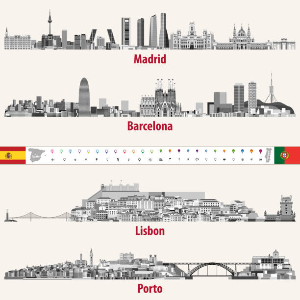 Vector abstract illustrations of Madrid, Barcelona, Lisbon and Porto cities skylines in black and white color palette vector art illustration