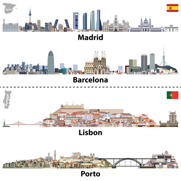ilustrações de stock, clip art, desenhos animados e ícones de vector abstract illustrations of madrid, barcelona, lisbon and porto cities skylines - portugal spain