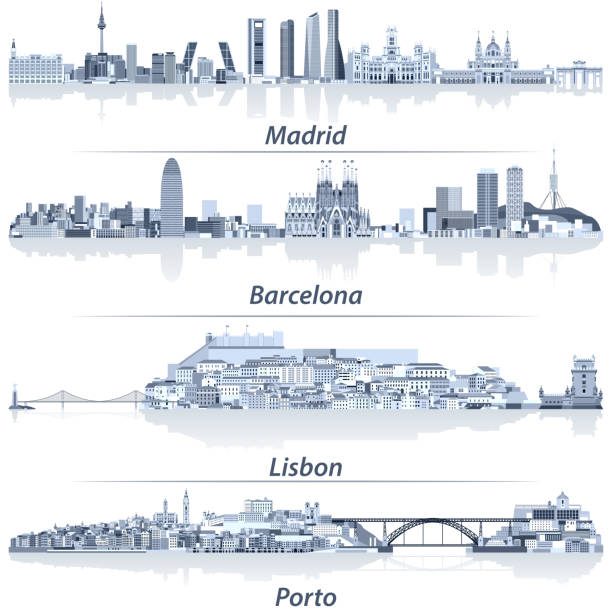 ilustraciones, imágenes clip art, dibujos animados e iconos de stock de ilustraciones abstractas vectoriales de los horizontes de las ciudades de madrid, barcelona, lisboa y oporto en tonos de paleta de colores azules - skyline madrid