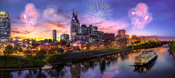 istock Nashville skyline with sunset and fireworks 1359581333