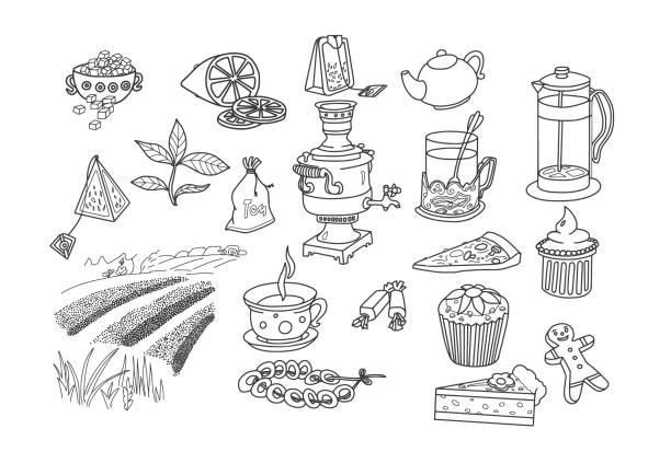 Food Doodles Set Food Doodles Set. Tea and sweets, Russian culture. food cake tea sketch stock illustrations