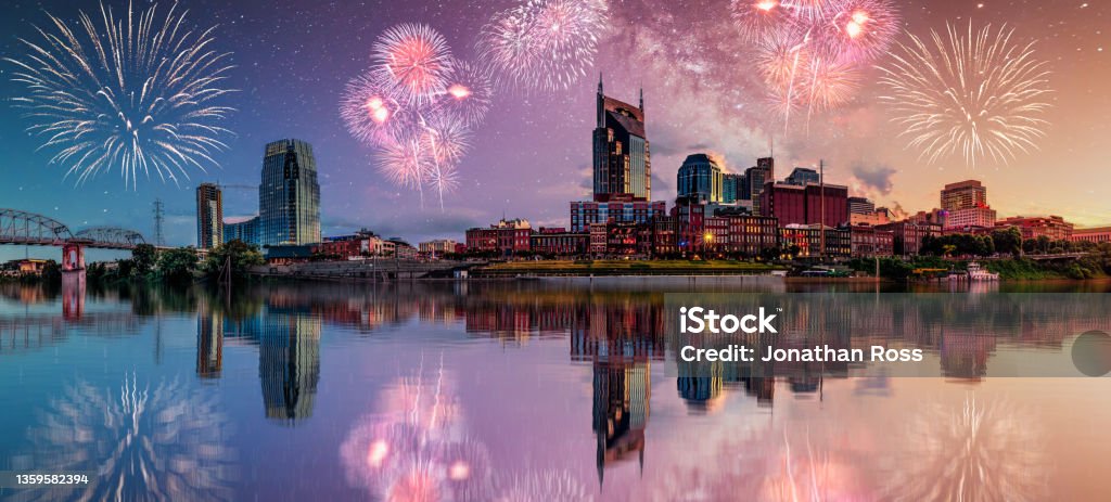 Nashville cityscape with milky way galaxy and fireworks Nashville Stock Photo