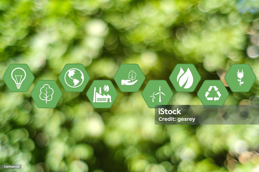 The concept of caring for the environment using ecological production and energy with icons on a green background. The concept of caring for the environment using ecological production and energy with icons on a green background Environmental Social Corporate Governance - ESG Stock Photo