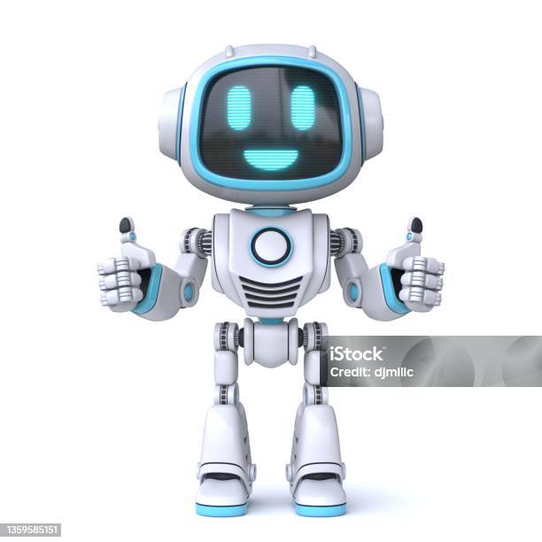 Cute Blue Robot Giving Thumbs Up 3d Stock Photo - Download Image Now - Robot, Robotic Arm, Three Dimensional