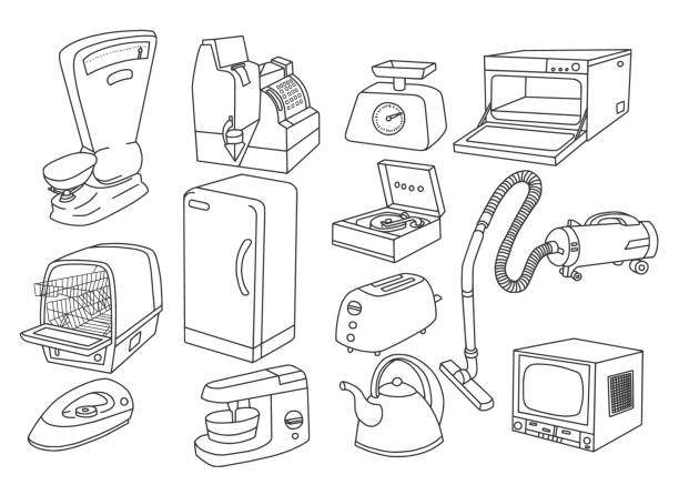 illustrations, cliparts, dessins animés et icônes de vintage appareils électroménagers doodle set - four objects audio