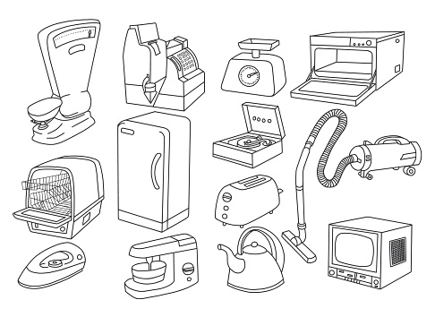 Vintage household appliances doodles set. Vector illustration.