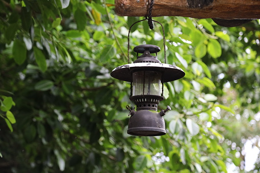 old kerosene lamp hanging on nature background