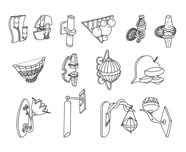 Vector illustration of Pendant Lamps and Chandeliers Doodles Set