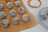 Swedish chocolate balls, cocoa balls rolled in coconut flakes