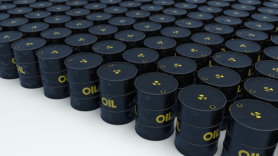 Oil barrels on a white background digitally generated image, prepared and rendered in Cinema 4D software