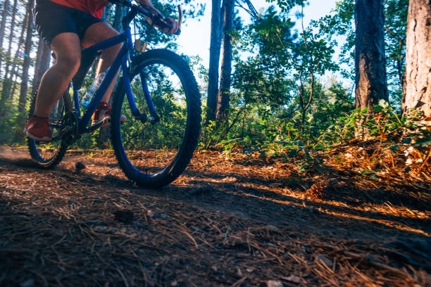 istock Extreme biker riding his bicycle downhill while wearing no safety equipment while hitting the brakes hard on a dirt trail. 1359593529
