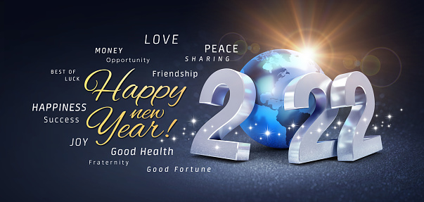 Happy New Year greetings, best wishes and 2022 date number, composed with a blue colored planet earth, on a festive black background, with glitters and stars - 3D illustration