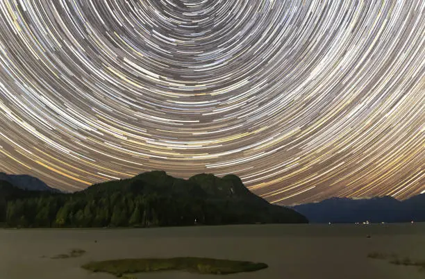 Startrails with Northern Lights, Pitt Lake, BC, Canada