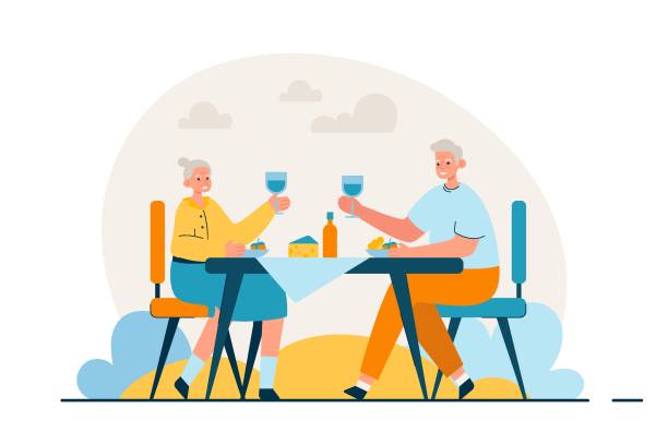 Happy elderly couple at the cafe Happy elderly couple in city street outdoor cafe. Senior man and woman spending time together having fun. Active retirement lifestyle concept. Modern flat vector illustration eating breakfast stock illustrations