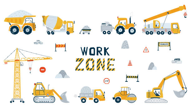 ilustrações de stock, clip art, desenhos animados e ícones de set construction vehicle isolated on white background. illustration with yellow cars truck, bulldozer and concrete mixer. kids cars for design of children's rooms, clothing, textiles. vector - construction site sign road warning sign warning sign