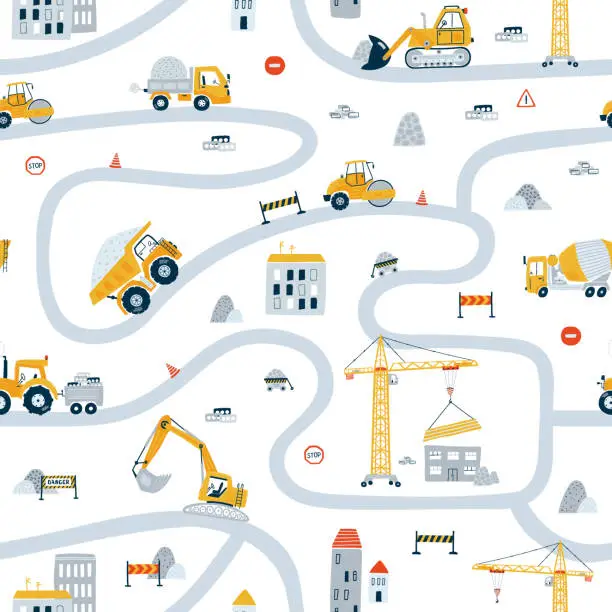 Vector illustration of Cute children's seamless pattern with yellow car dump truck, crane, road, signs on white background. Illustration construction site in cartoon style for wallpaper, fabric, and textile design. Vector