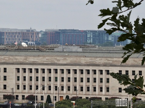 Washington D.C., District of Columbia, United States - August 31 2021: The Pentagon Building wall with windows US Department of Defense headquarters in Washington DC.