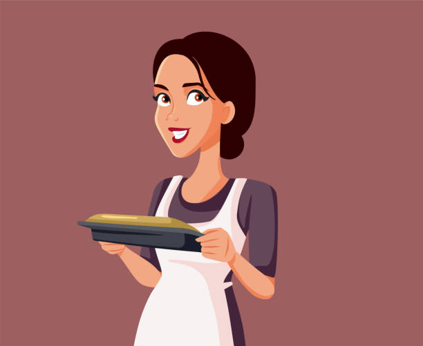 illustrazioni stock, clip art, cartoni animati e icone di tendenza di donna che tiene una torta salata vettoriale illustrazione del cartone animato - women meat working tray