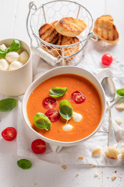 istock Red creamy tomato soup as healthy and spicy appetizer. 1359604939