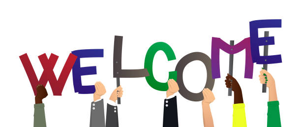 Hand holding Welcome paper text. Showing sign. Hand holding Welcome paper text. Showing billboard. Colorful vector illustration. aboard stock illustrations