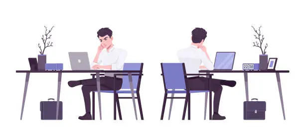 Vector illustration of Office boy, modern man busy overworked at workplace