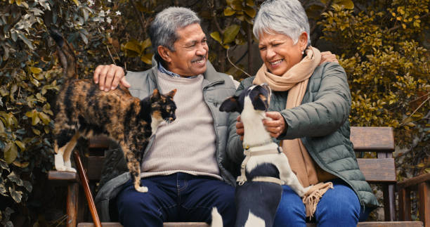 foto de una feliz pareja de ancianos jugando con sus mascotas mientras se relaja en un jardín - people dog winter cute fotografías e imágenes de stock