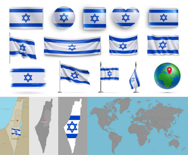 israel flaggen in verschiedenen formen und geographischen kartensatz - jewish state stock-grafiken, -clipart, -cartoons und -symbole