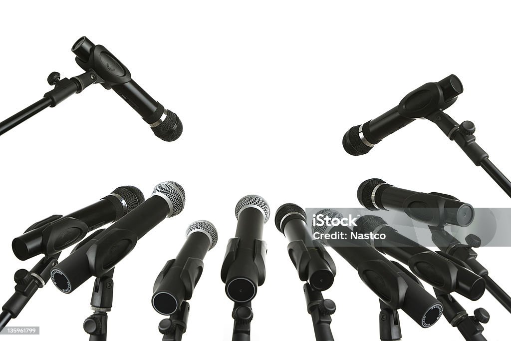 Press conference Many microphones isolated on white background Microphone Stock Photo