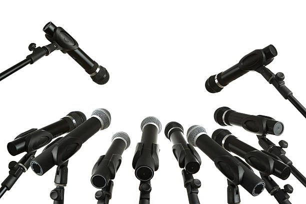 Press conference Many microphones isolated on white background dynamic microphone stock pictures, royalty-free photos & images