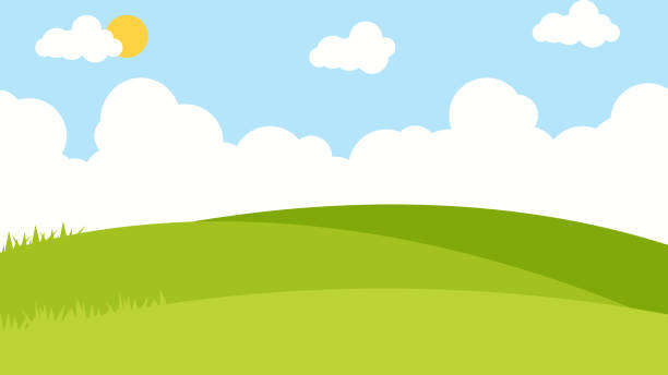 grüne wiese mit weißen wolken sommergrün ansicht landschaft hintergrundillustration - anhöhe stock-grafiken, -clipart, -cartoons und -symbole