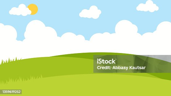 istock Green meadow with white clouds summer green view landscape background illustration 1359619252