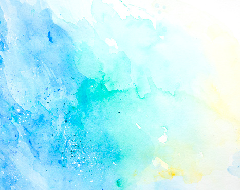 Colorful watercolor background with textures and splashes on white watercolor paper.  Blue, yellow, red. My own work.