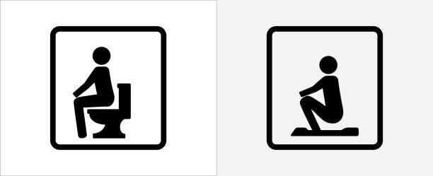 Sitting down toilet sign. Squatting toilet symbol icon. Privy toilet type facility vector illustration. Sitting down toilet sign. Squatting toilet symbol icon. Privy toilet type facility vector illustration. squat toilet stock illustrations