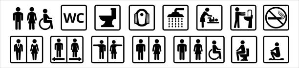 Toilet vector icon set. WC and toilet feature facility sign. Men and women and handicap restroom symbol vector illustration. Contains icons like shower, squat toilet, no smoking and baby changing room Toilet vector icon set. WC and toilet feature facility sign. Men and women and handicap restroom symbol vector illustration. Contains icons like shower, squat toilet, no smoking and baby changing room squat toilet stock illustrations