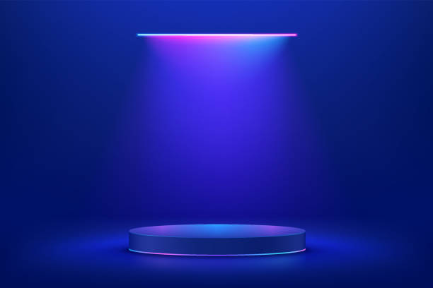 istock Realistic blue 3d cylinder pedestal podium in Sci-fi dark blue abstract room with illuminate horizontal neon lamp. Vector rendering product display presentation. Futuristic minimal scene. 1359633781